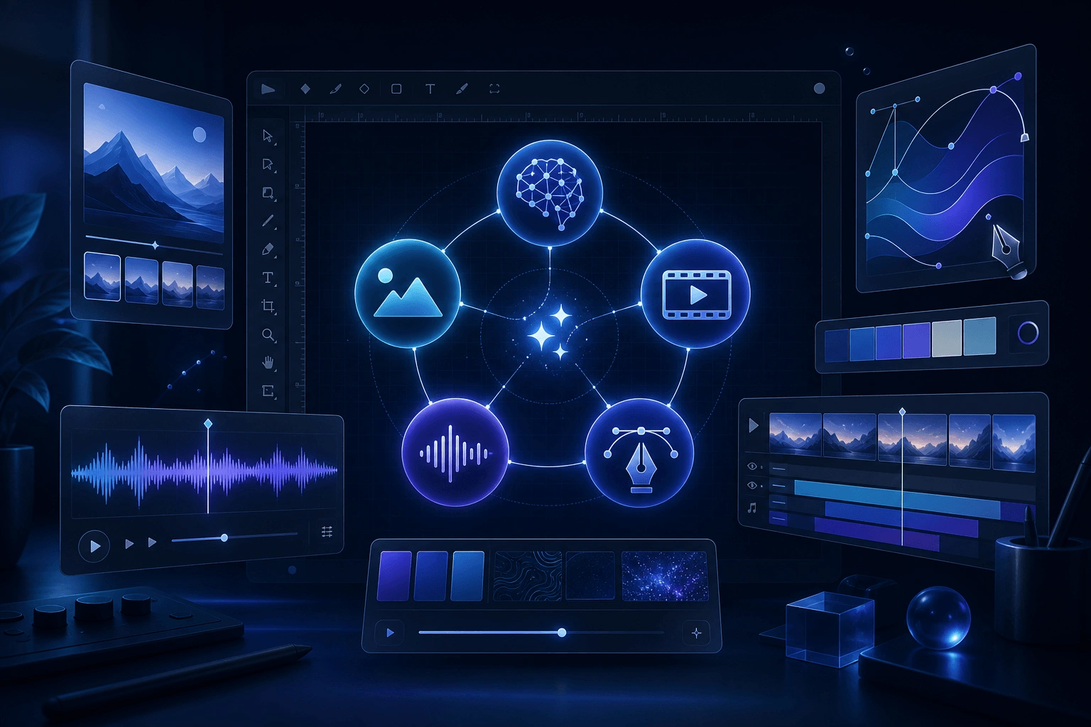 Abstract studio command center showing connected AI, image, video, audio, and design nodes